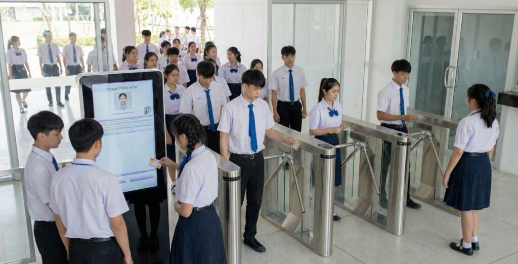 นักเรียนเช็คเข้า-ออกห้องสมุดผ่านตู้คีออสทางเข้า